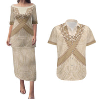 Mauri Ribaberiki Kiribati Couples Matching Puletasi and Hawaiian Shirt Cowrie Shells Lei Palm Leaf Weaving LT14 Beige - Polynesian Pride