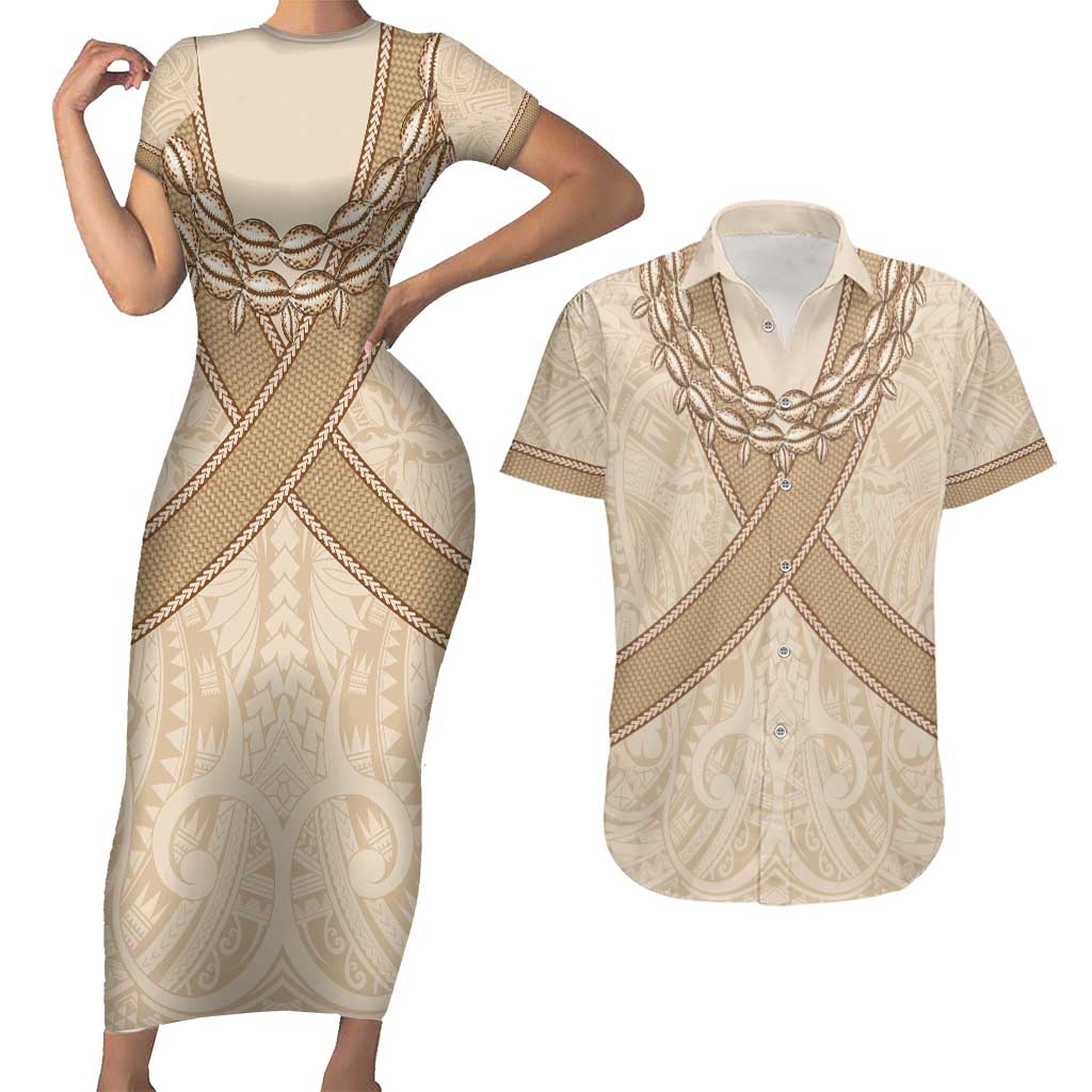 Mauri Ribaberiki Kiribati Couples Matching Short Sleeve Bodycon Dress and Hawaiian Shirt Cowrie Shells Lei Palm Leaf Weaving LT14 Beige - Polynesian Pride