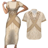 Mauri Ribaberiki Kiribati Couples Matching Short Sleeve Bodycon Dress and Hawaiian Shirt Cowrie Shells Lei Palm Leaf Weaving LT14 Beige - Polynesian Pride