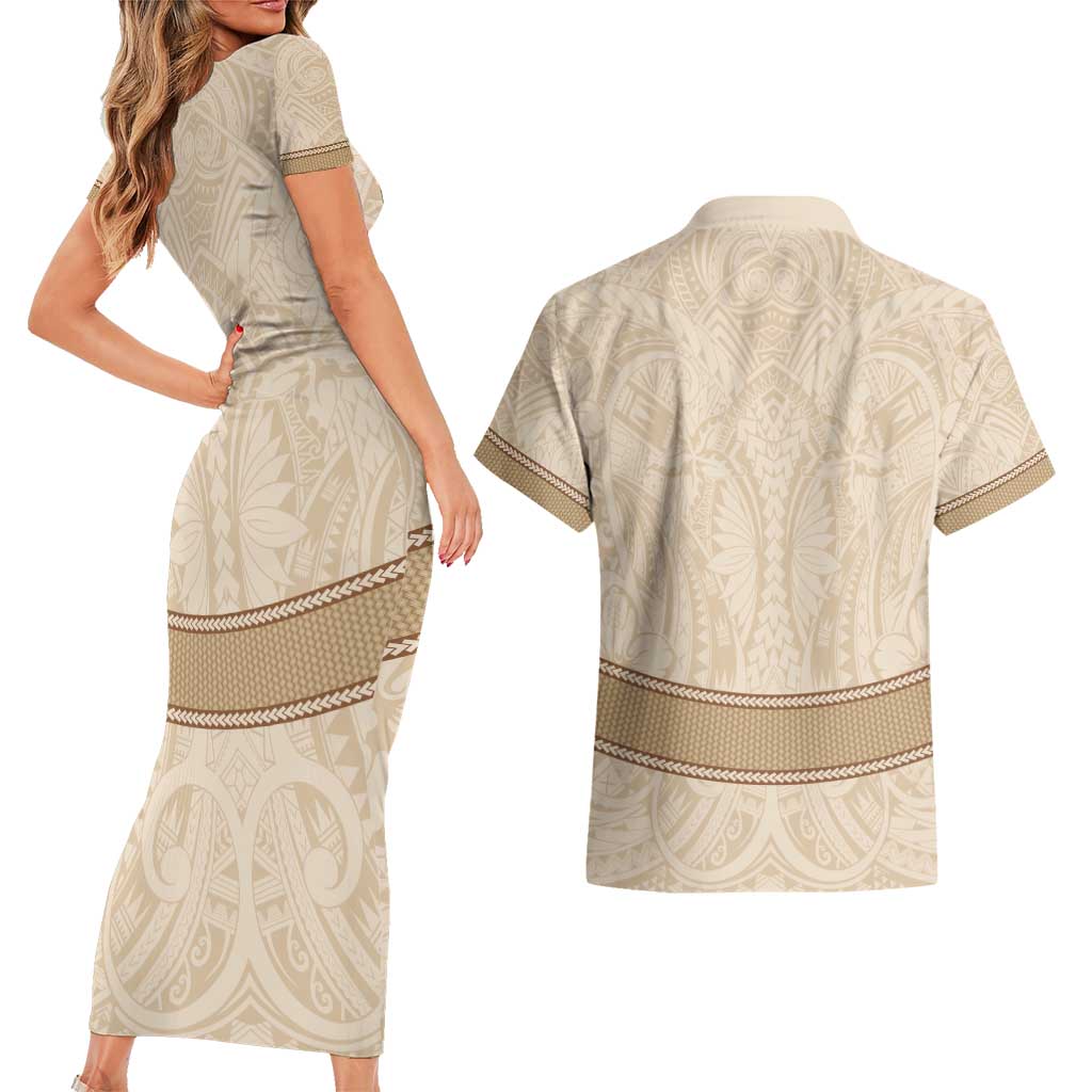 Mauri Ribaberiki Kiribati Couples Matching Short Sleeve Bodycon Dress and Hawaiian Shirt Cowrie Shells Lei Palm Leaf Weaving LT14 - Polynesian Pride