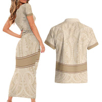 Mauri Ribaberiki Kiribati Couples Matching Short Sleeve Bodycon Dress and Hawaiian Shirt Cowrie Shells Lei Palm Leaf Weaving LT14 - Polynesian Pride