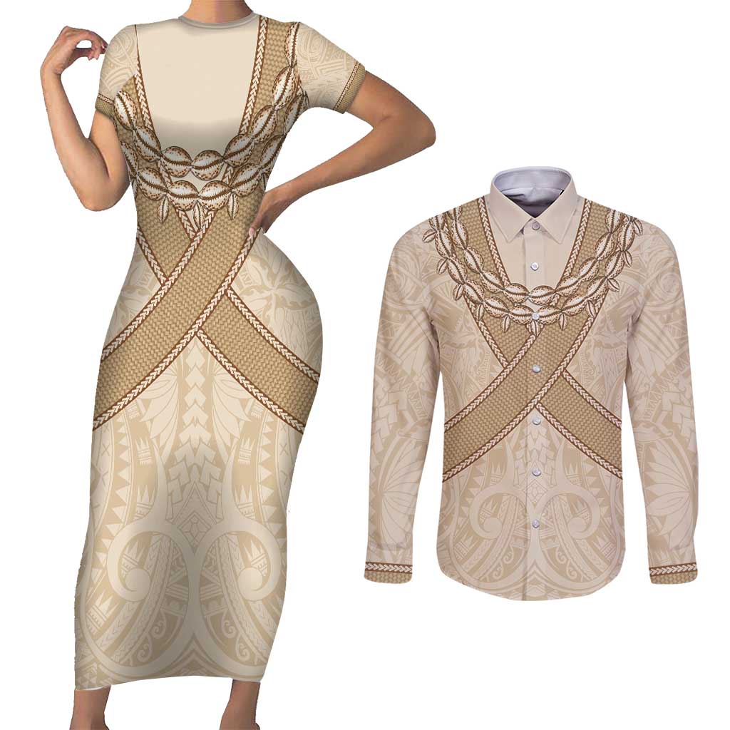Mauri Ribaberiki Kiribati Couples Matching Short Sleeve Bodycon Dress and Long Sleeve Button Shirt Cowrie Shells Lei Palm Leaf Weaving LT14 Beige - Polynesian Pride