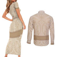 Mauri Ribaberiki Kiribati Couples Matching Short Sleeve Bodycon Dress and Long Sleeve Button Shirt Cowrie Shells Lei Palm Leaf Weaving LT14 - Polynesian Pride