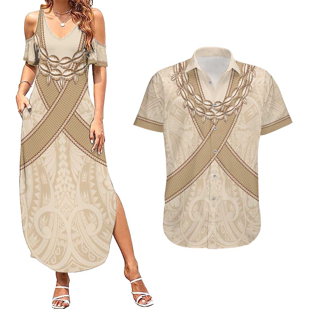 Mauri Ribaberiki Kiribati Couples Matching Summer Maxi Dress and Hawaiian Shirt Cowrie Shells Lei Palm Leaf Weaving LT14 Beige - Polynesian Pride