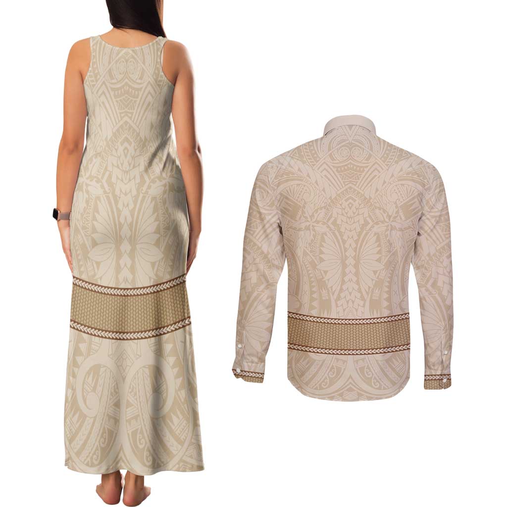 Mauri Ribaberiki Kiribati Couples Matching Tank Maxi Dress and Long Sleeve Button Shirt Cowrie Shells Lei Palm Leaf Weaving LT14 - Polynesian Pride