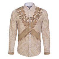 Mauri Ribaberiki Kiribati Family Matching Mermaid Dress and Hawaiian Shirt Cowrie Shells Lei Palm Leaf Weaving LT14 Dad's Shirt - Long Sleeve Beige - Polynesian Pride