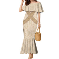 Mauri Ribaberiki Kiribati Family Matching Mermaid Dress and Hawaiian Shirt Cowrie Shells Lei Palm Leaf Weaving LT14 Mom's Dress Beige - Polynesian Pride