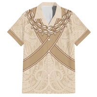 Mauri Ribaberiki Kiribati Family Matching Off The Shoulder Long Sleeve Dress and Hawaiian Shirt Cowrie Shells Lei Palm Leaf Weaving LT14 Dad's Shirt - Short Sleeve Beige - Polynesian Pride