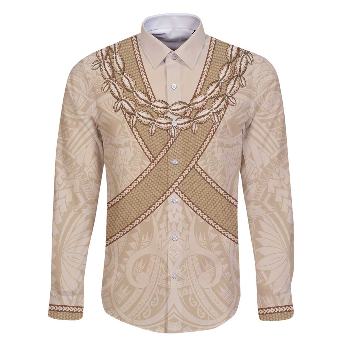 Mauri Ribaberiki Kiribati Family Matching Off The Shoulder Long Sleeve Dress and Hawaiian Shirt Cowrie Shells Lei Palm Leaf Weaving LT14 Dad's Shirt - Long Sleeve Beige - Polynesian Pride