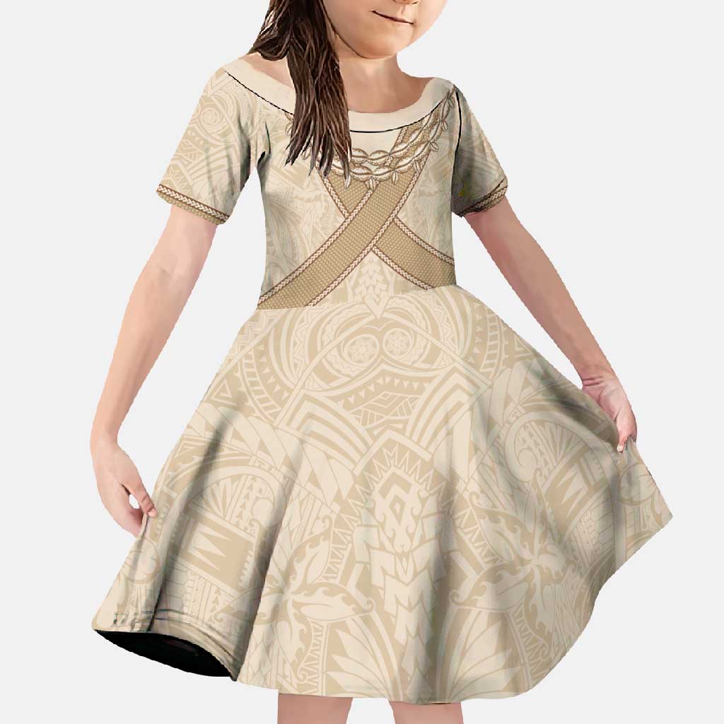Mauri Ribaberiki Kiribati Family Matching Off Shoulder Maxi Dress and Hawaiian Shirt Cowrie Shells Lei Palm Leaf Weaving LT14 Daughter's Dress Beige - Polynesian Pride