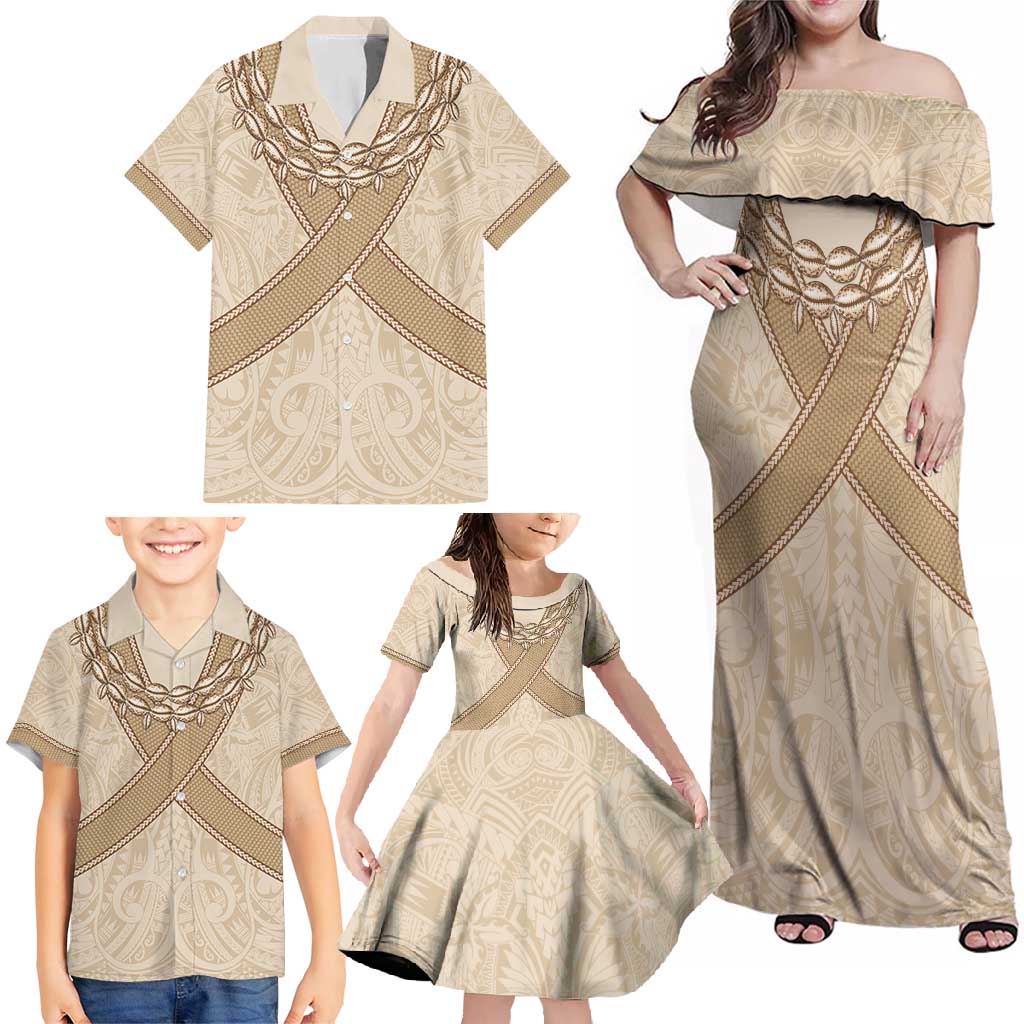 Mauri Ribaberiki Kiribati Family Matching Off Shoulder Maxi Dress and Hawaiian Shirt Cowrie Shells Lei Palm Leaf Weaving LT14 - Polynesian Pride