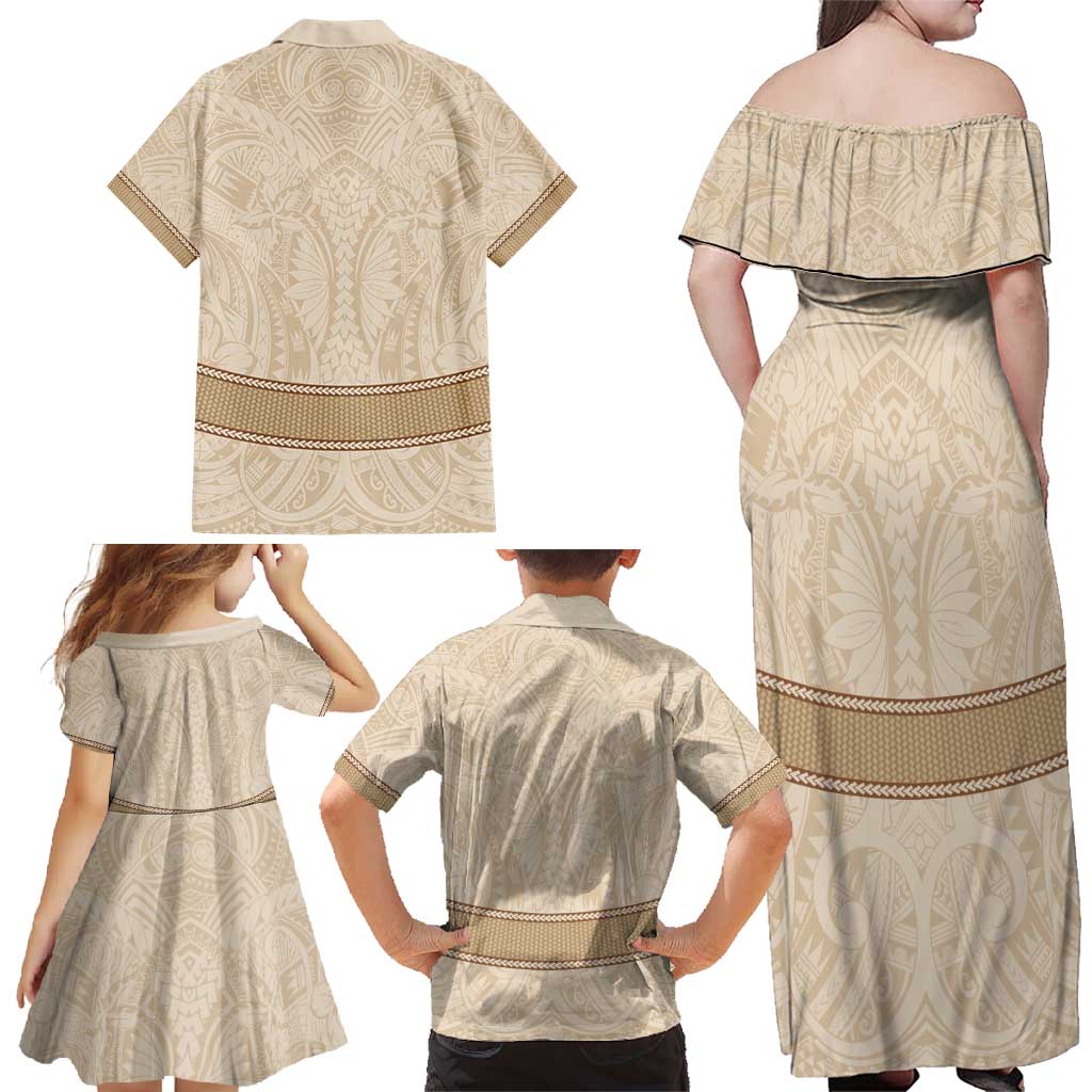 Mauri Ribaberiki Kiribati Family Matching Off Shoulder Maxi Dress and Hawaiian Shirt Cowrie Shells Lei Palm Leaf Weaving LT14 - Polynesian Pride