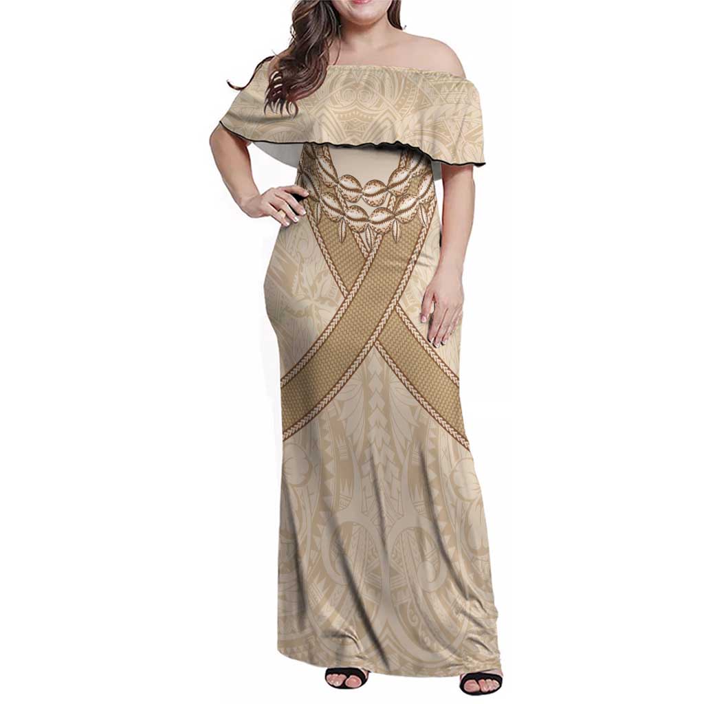 Mauri Ribaberiki Kiribati Family Matching Off Shoulder Maxi Dress and Hawaiian Shirt Cowrie Shells Lei Palm Leaf Weaving LT14 Mom's Dress Beige - Polynesian Pride