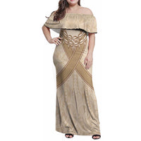 Mauri Ribaberiki Kiribati Family Matching Off Shoulder Maxi Dress and Hawaiian Shirt Cowrie Shells Lei Palm Leaf Weaving LT14 Mom's Dress Beige - Polynesian Pride