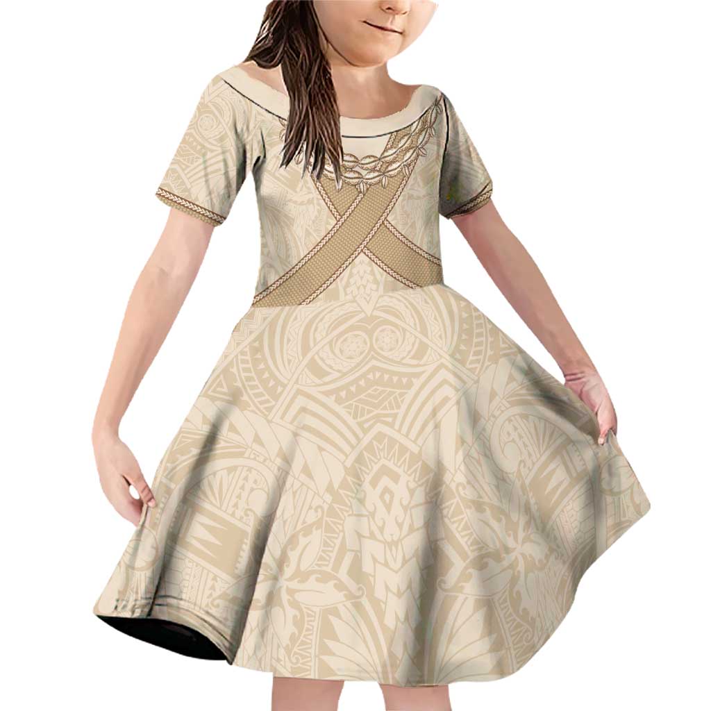 Mauri Ribaberiki Kiribati Family Matching Off Shoulder Short Dress and Hawaiian Shirt Cowrie Shells Lei Palm Leaf Weaving LT14 Daughter's Dress Beige - Polynesian Pride