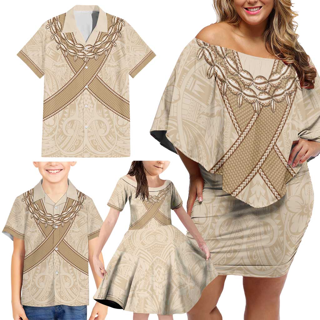 Mauri Ribaberiki Kiribati Family Matching Off Shoulder Short Dress and Hawaiian Shirt Cowrie Shells Lei Palm Leaf Weaving LT14 - Polynesian Pride