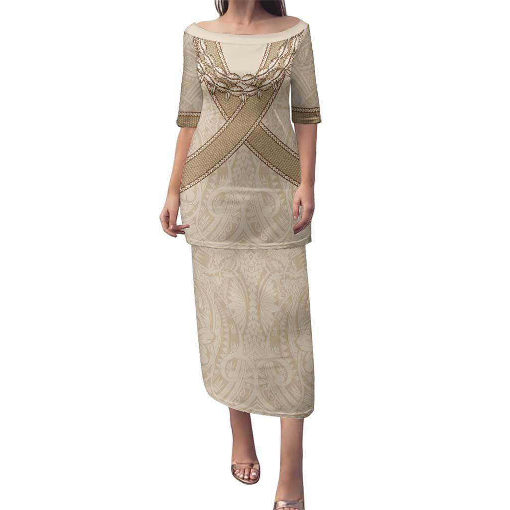 Mauri Ribaberiki Kiribati Family Matching Puletasi and Hawaiian Shirt Cowrie Shells Lei Palm Leaf Weaving LT14 Mom's Dress Beige - Polynesian Pride