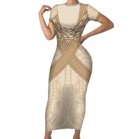 Mauri Ribaberiki Kiribati Family Matching Short Sleeve Bodycon Dress and Hawaiian Shirt Cowrie Shells Lei Palm Leaf Weaving LT14 Mom's Dress Beige - Polynesian Pride