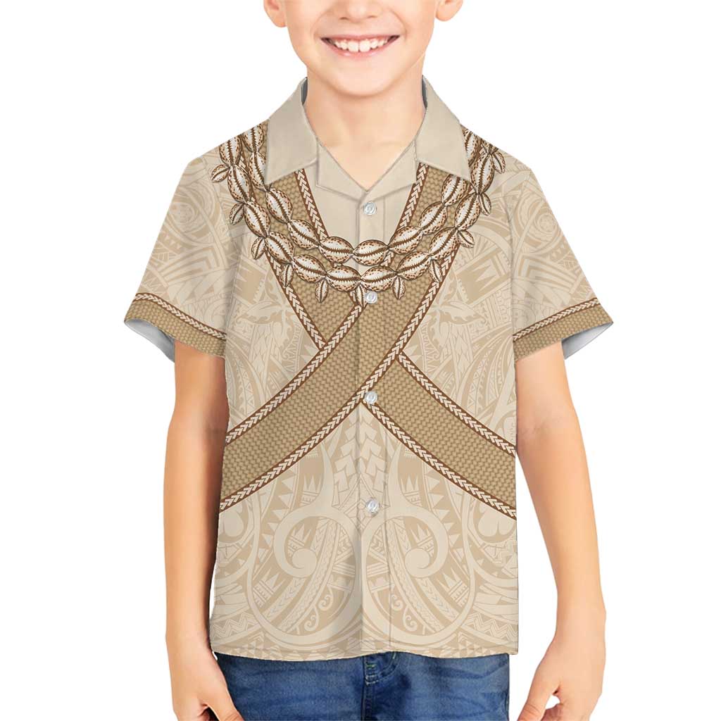 Mauri Ribaberiki Kiribati Family Matching Summer Maxi Dress and Hawaiian Shirt Cowrie Shells Lei Palm Leaf Weaving LT14 Son's Shirt Beige - Polynesian Pride
