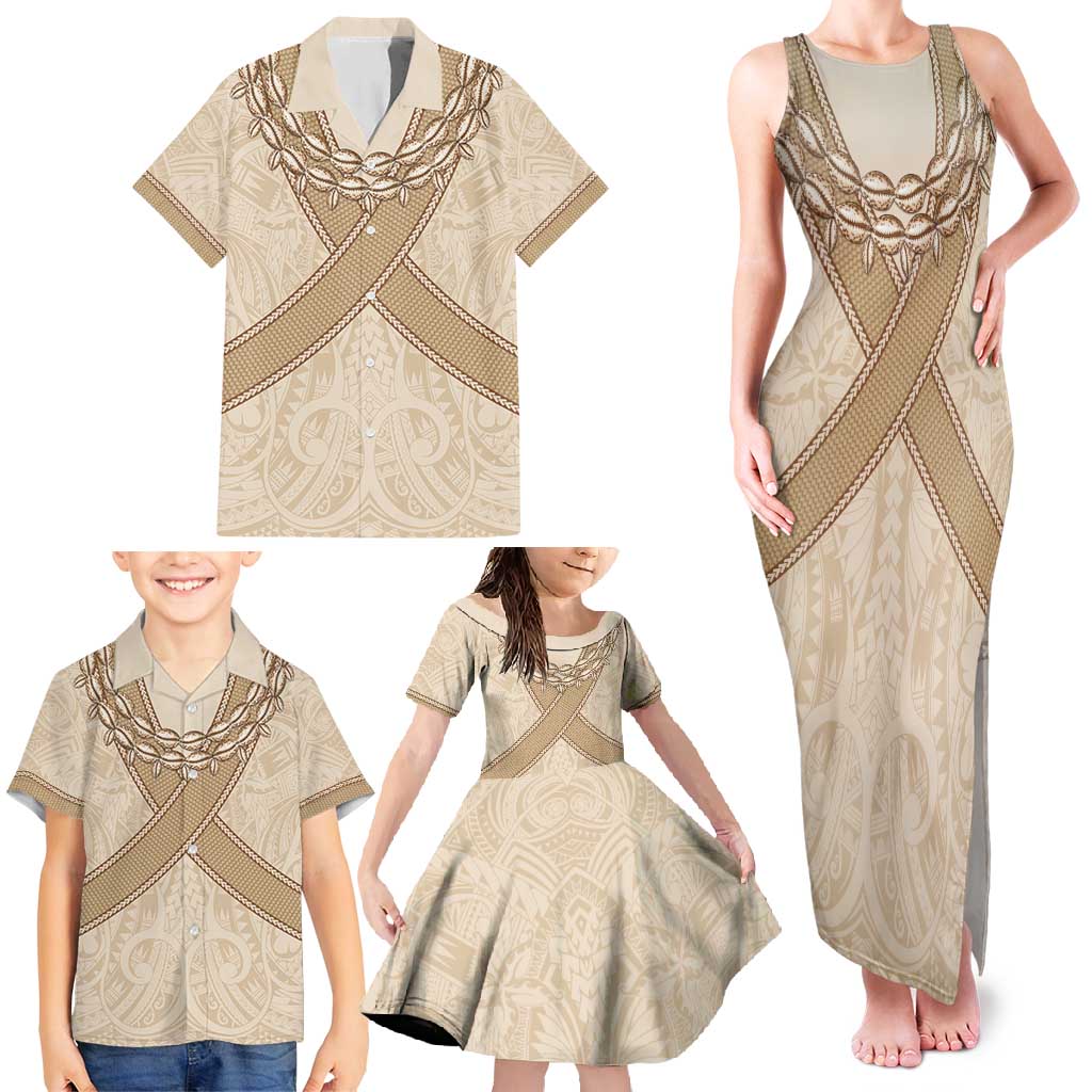 Mauri Ribaberiki Kiribati Family Matching Tank Maxi Dress and Hawaiian Shirt Cowrie Shells Lei Palm Leaf Weaving