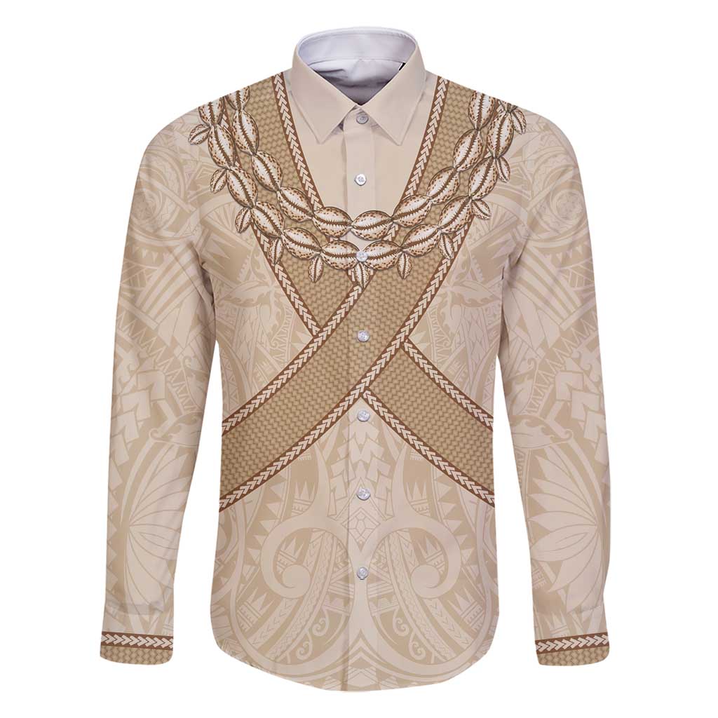 Mauri Ribaberiki Kiribati Family Matching Tank Maxi Dress and Hawaiian Shirt Cowrie Shells Lei Palm Leaf Weaving LT14 Dad's Shirt - Long Sleeve Beige - Polynesian Pride
