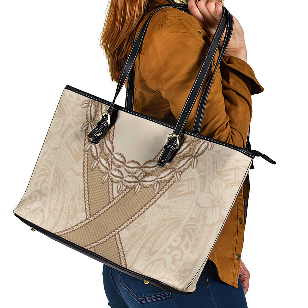 Mauri Ribaberiki Kiribati Leather Tote Bag Cowrie Shells Lei Palm Leaf Weaving