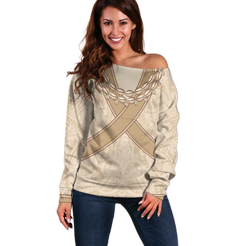 Mauri Ribaberiki Kiribati Off Shoulder Sweater Cowrie Shells Lei Palm Leaf Weaving