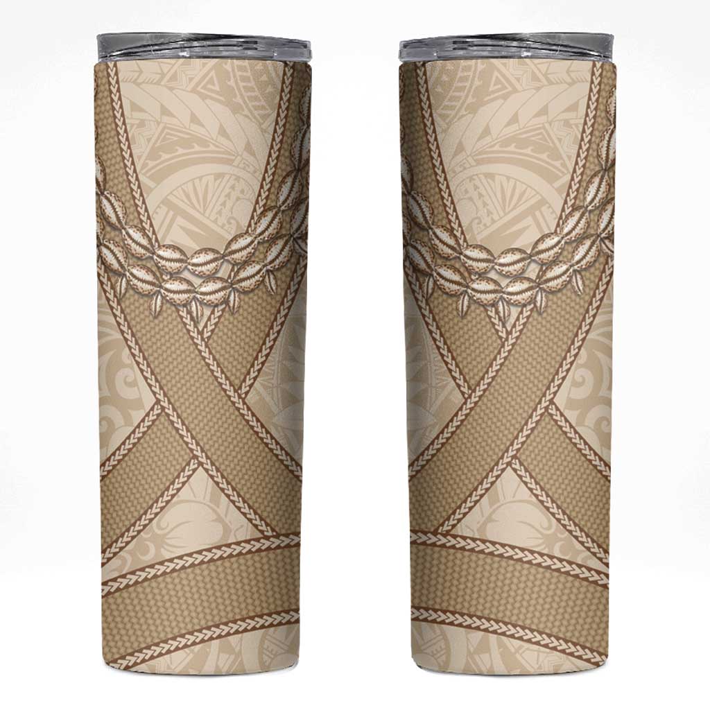 Mauri Ribaberiki Kiribati Skinny Tumbler Cowrie Shells Lei Palm Leaf Weaving LT14 Beige - Polynesian Pride