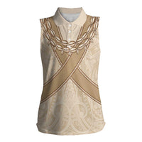 Mauri Ribaberiki Kiribati Women Sleeveless Polo Shirt Cowrie Shells Lei Palm Leaf Weaving LT14 Female Beige - Polynesian Pride