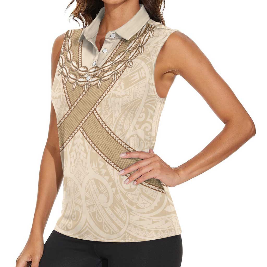 Mauri Ribaberiki Kiribati Women Sleeveless Polo Shirt Cowrie Shells Lei Palm Leaf Weaving LT14 - Polynesian Pride