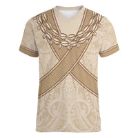 Mauri Ribaberiki Kiribati Women V-Neck T-Shirt Cowrie Shells Lei Palm Leaf Weaving LT14 Female Beige - Polynesian Pride