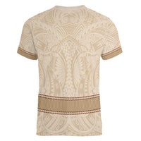 Mauri Ribaberiki Kiribati Women V-Neck T-Shirt Cowrie Shells Lei Palm Leaf Weaving LT14 - Polynesian Pride