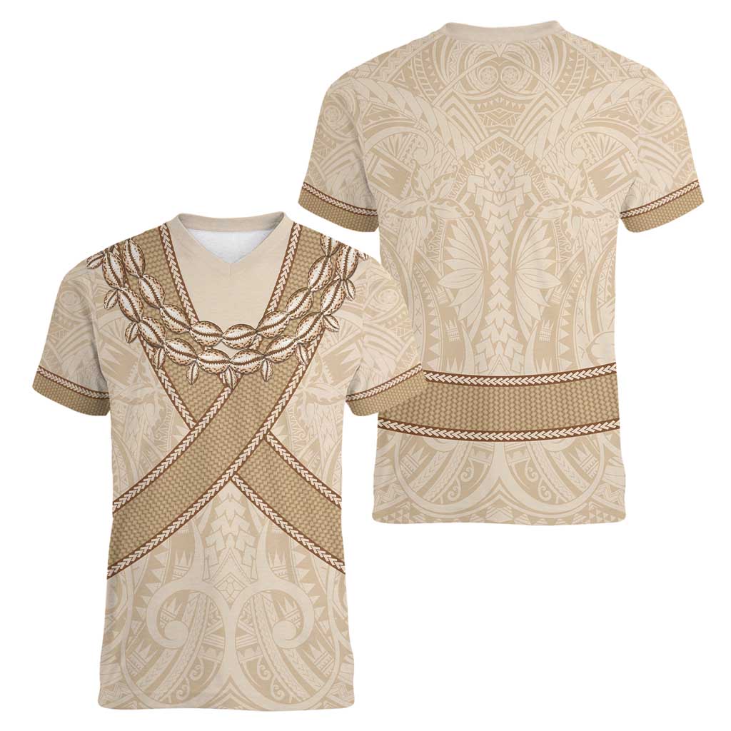 Mauri Ribaberiki Kiribati Women V-Neck T-Shirt Cowrie Shells Lei Palm Leaf Weaving LT14 - Polynesian Pride