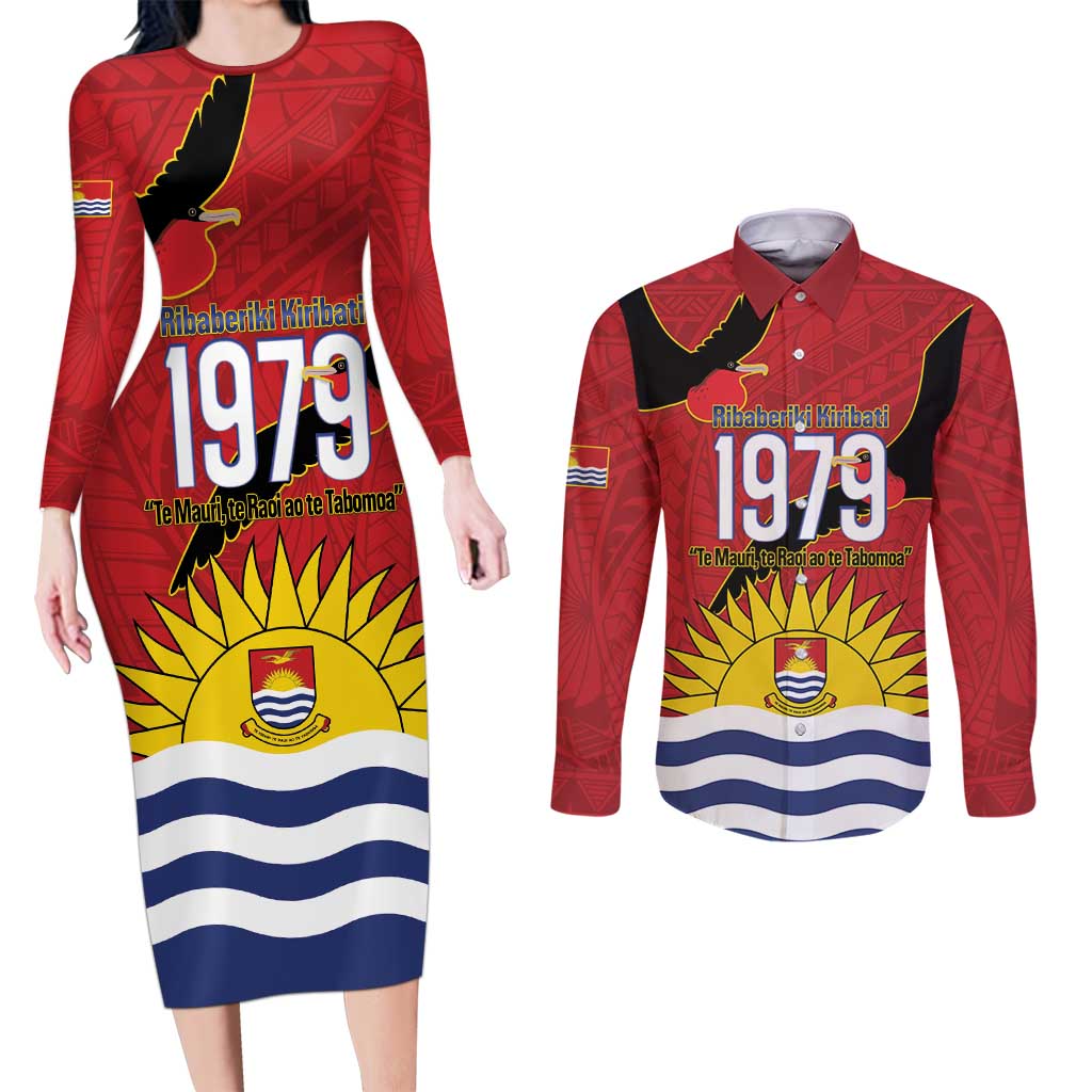 Mauri Kiribati Independence Day Couples Matching Long Sleeve Bodycon Dress and Long Sleeve Button Shirt 1979 Proud National Frigatebird LT14 Red - Polynesian Pride