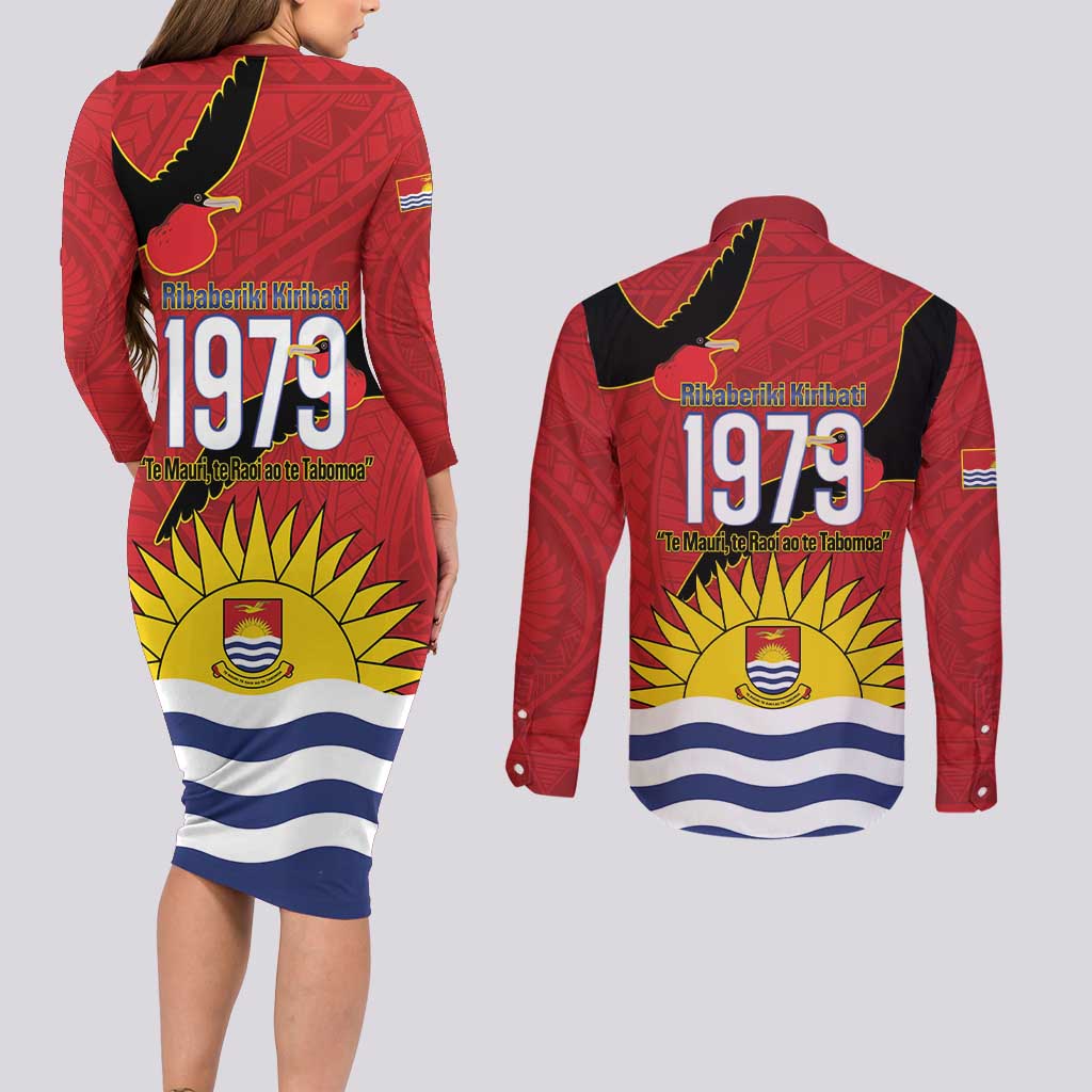 Mauri Kiribati Independence Day Couples Matching Long Sleeve Bodycon Dress and Long Sleeve Button Shirt 1979 Proud National Frigatebird LT14 - Polynesian Pride