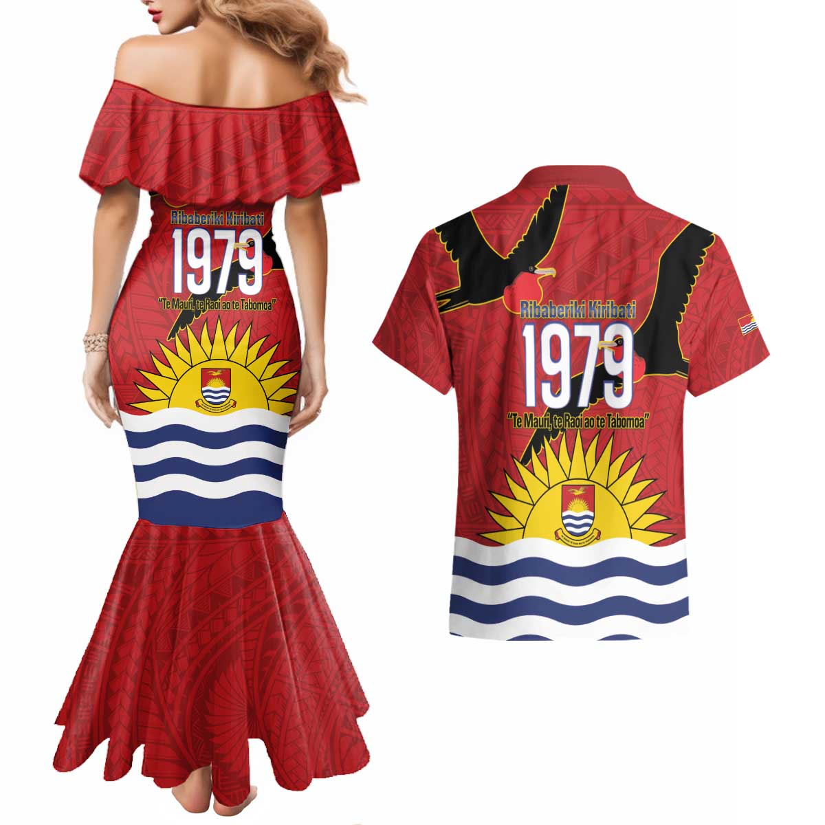 Mauri Kiribati Independence Day Couples Matching Mermaid Dress and Hawaiian Shirt 1979 Proud National Frigatebird LT14 - Polynesian Pride