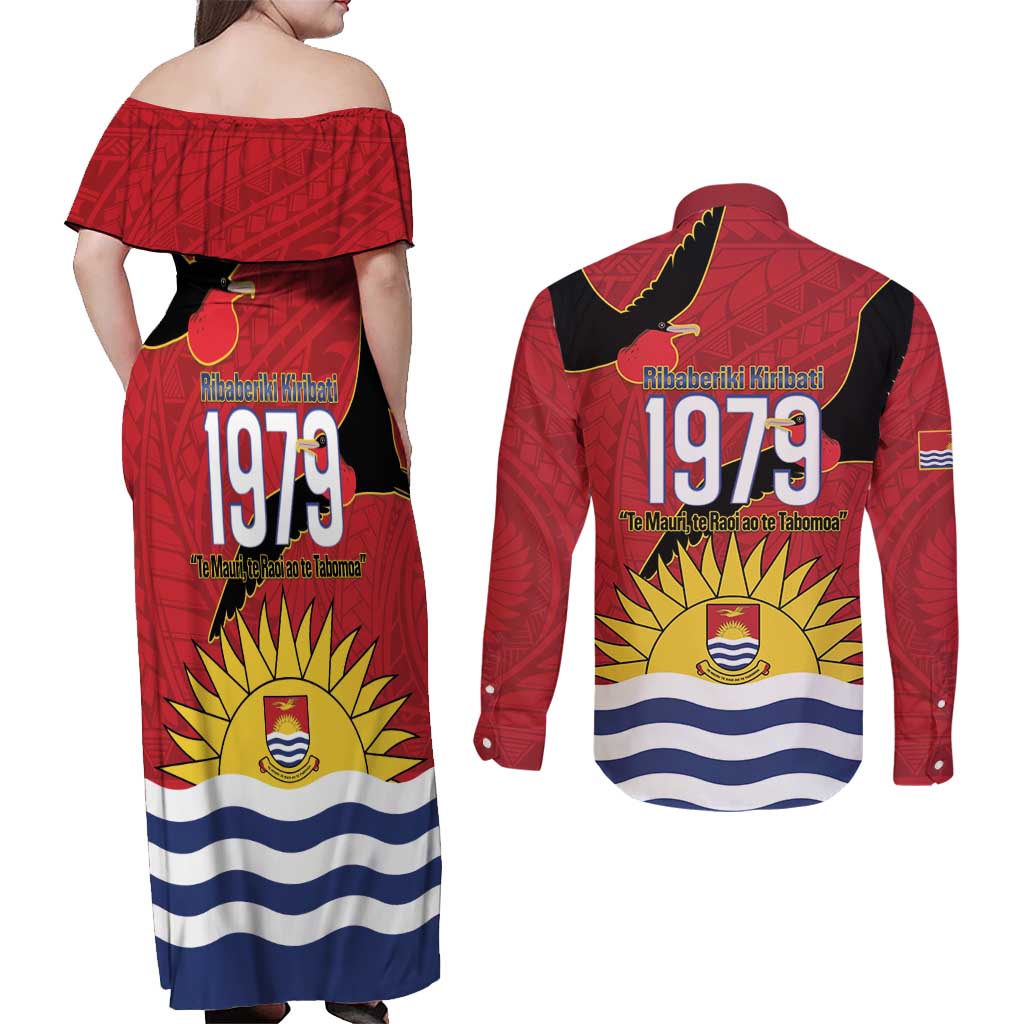 Mauri Kiribati Independence Day Couples Matching Off Shoulder Maxi Dress and Long Sleeve Button Shirt 1979 Proud National Frigatebird LT14 - Polynesian Pride