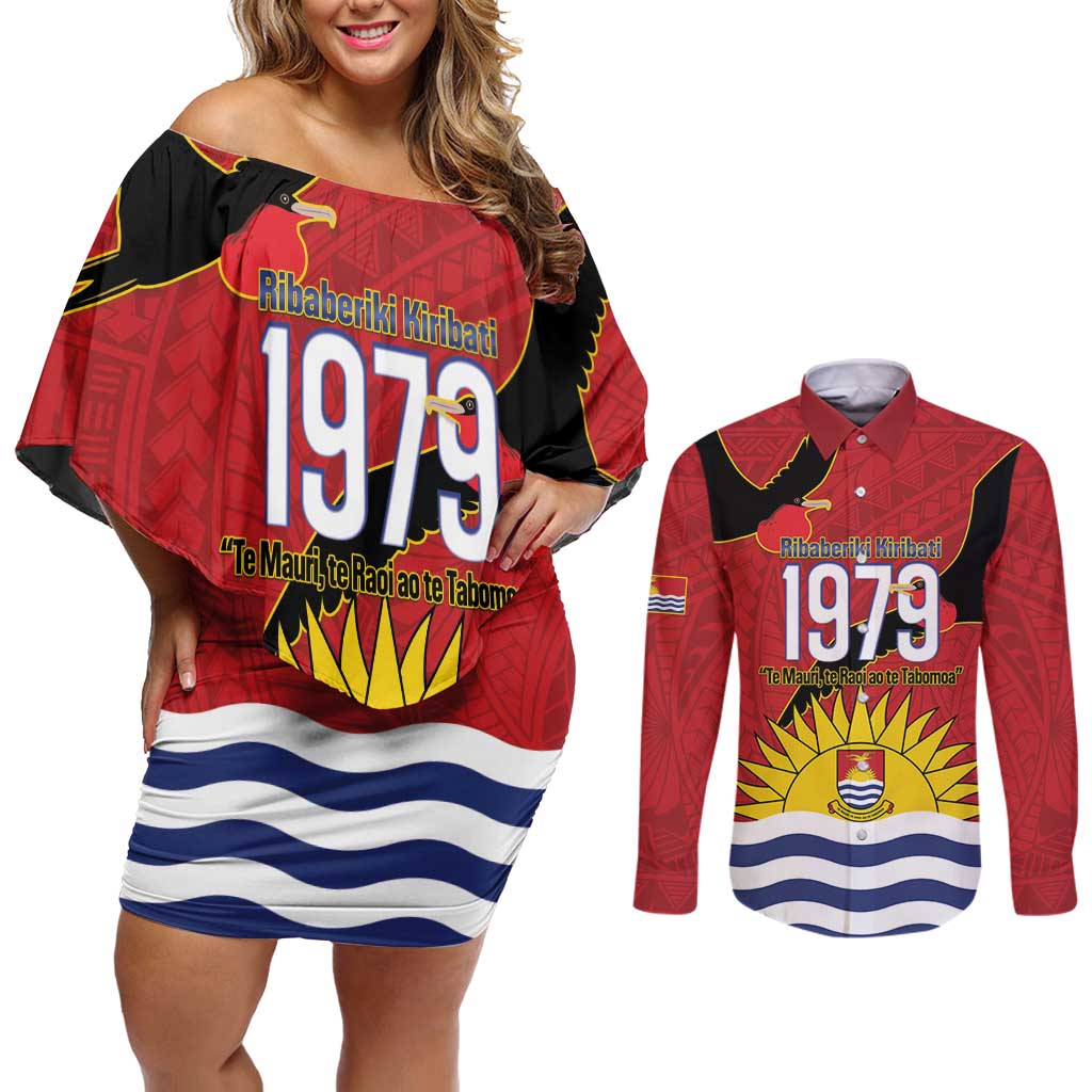 Mauri Kiribati Independence Day Couples Matching Off Shoulder Short Dress and Long Sleeve Button Shirt 1979 Proud National Frigatebird LT14 Red - Polynesian Pride