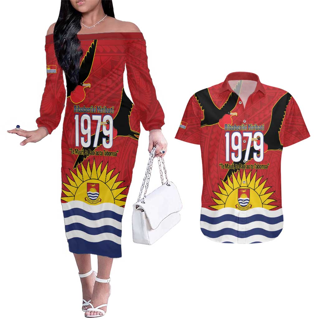 Mauri Kiribati Independence Day Couples Matching Off The Shoulder Long Sleeve Dress and Hawaiian Shirt 1979 Proud National Frigatebird