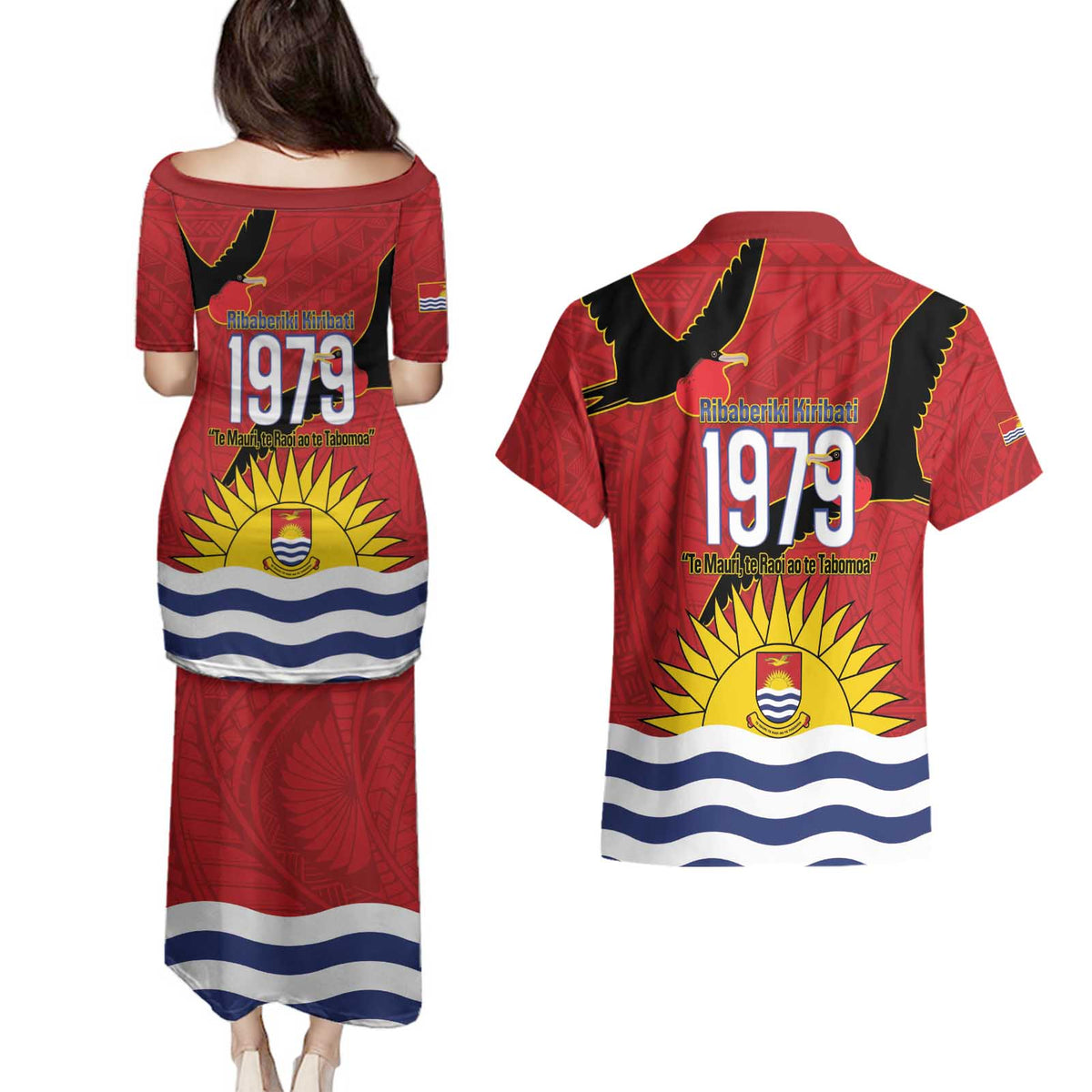 Mauri Kiribati Independence Day Couples Matching Puletasi and Hawaiian Shirt 1979 Proud National Frigatebird LT14 - Polynesian Pride
