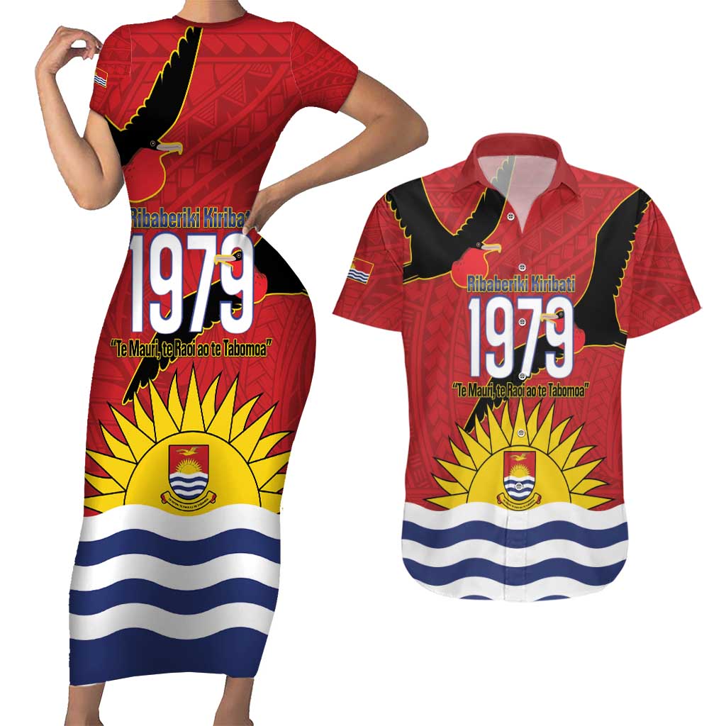 Mauri Kiribati Independence Day Couples Matching Short Sleeve Bodycon Dress and Hawaiian Shirt 1979 Proud National Frigatebird LT14 Red - Polynesian Pride