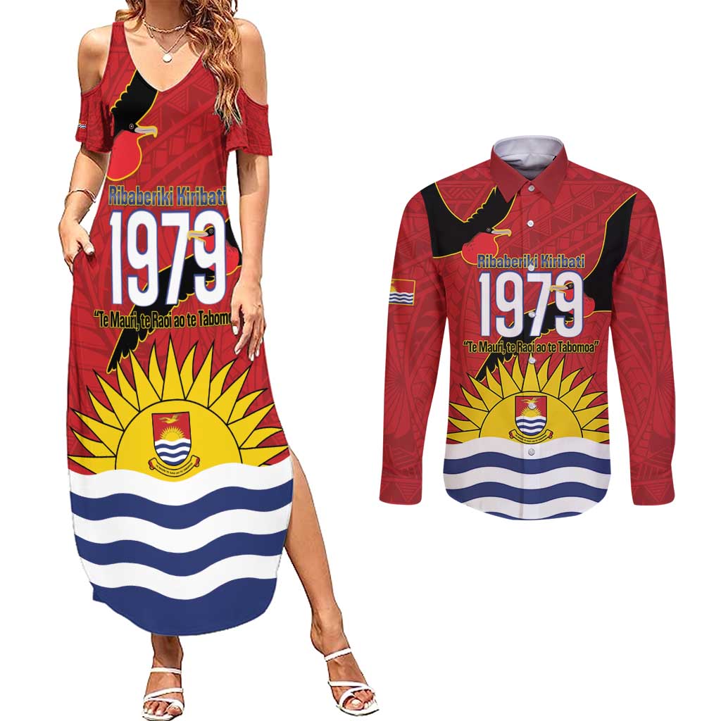 Mauri Kiribati Independence Day Couples Matching Summer Maxi Dress and Long Sleeve Button Shirt 1979 Proud National Frigatebird LT14 Red - Polynesian Pride