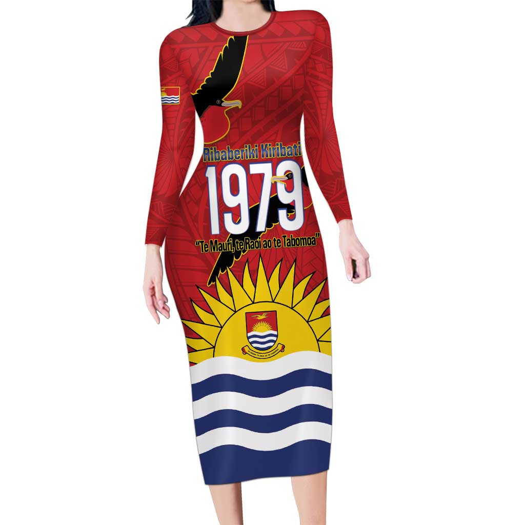 Mauri Kiribati Independence Day Family Matching Long Sleeve Bodycon Dress and Hawaiian Shirt 1979 Proud National Frigatebird LT14 Mom's Dress Red - Polynesian Pride