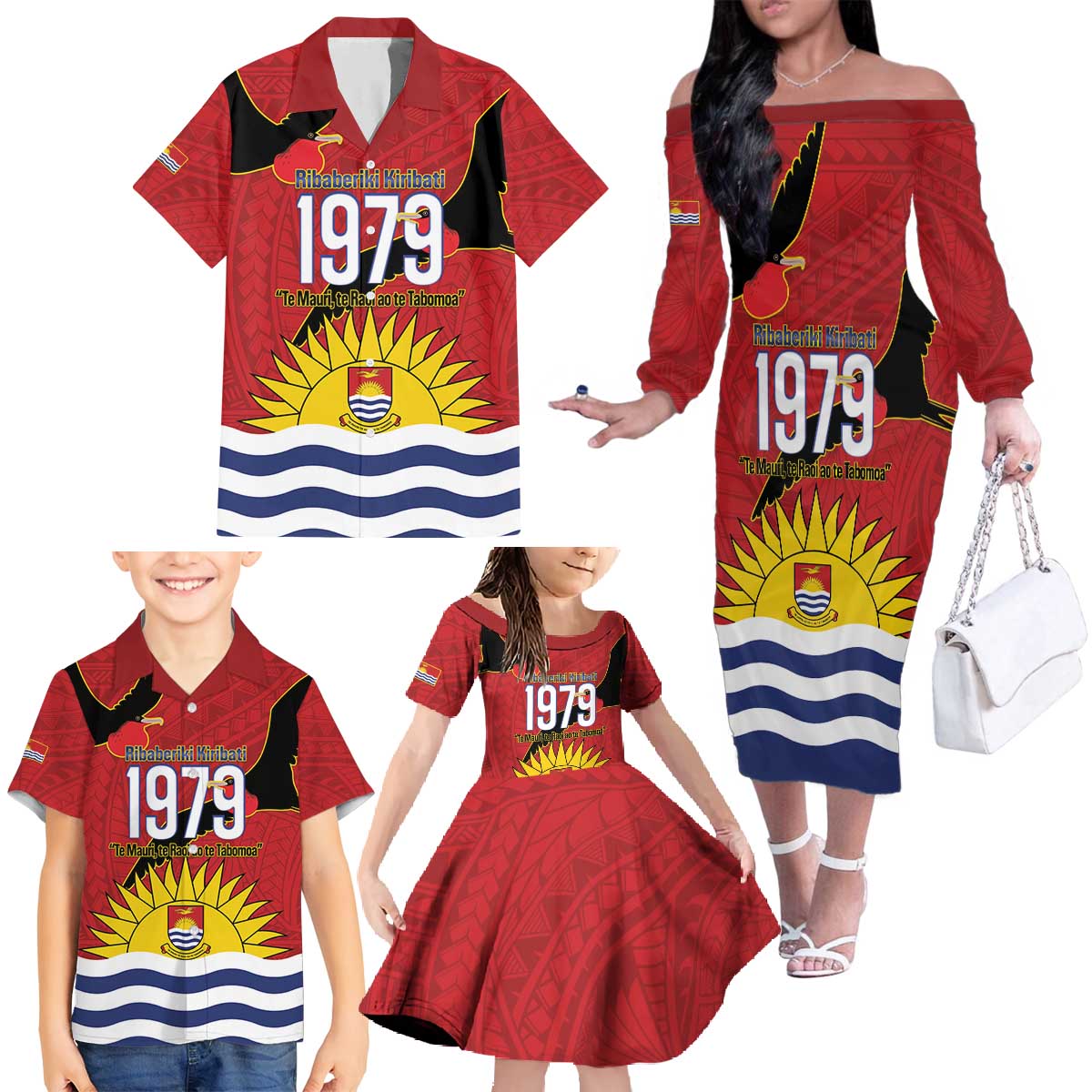 Mauri Kiribati Independence Day Family Matching Off The Shoulder Long Sleeve Dress and Hawaiian Shirt 1979 Proud National Frigatebird LT14 - Polynesian Pride