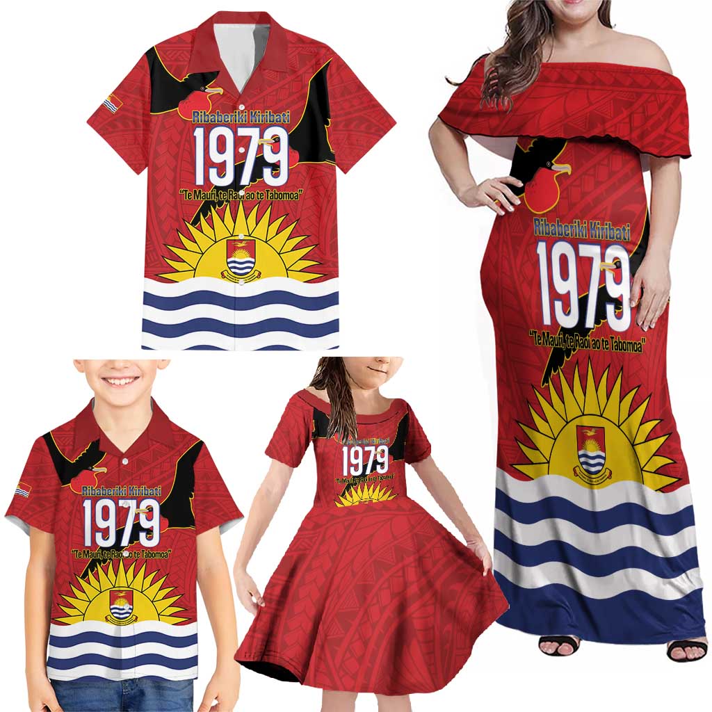 Mauri Kiribati Independence Day Family Matching Off Shoulder Maxi Dress and Hawaiian Shirt 1979 Proud National Frigatebird LT14 - Polynesian Pride