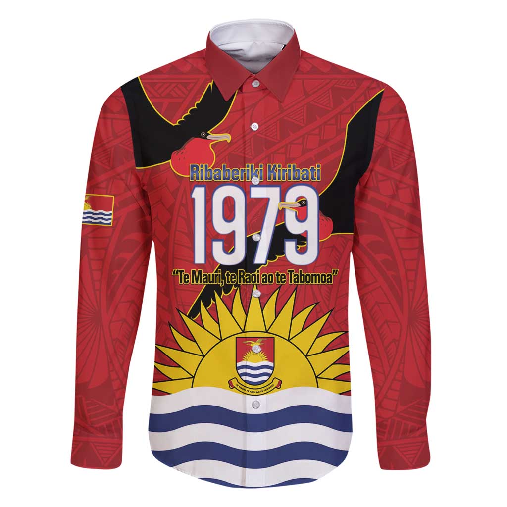 Mauri Kiribati Independence Day Family Matching Off Shoulder Maxi Dress and Hawaiian Shirt 1979 Proud National Frigatebird LT14 Dad's Shirt - Long Sleeve Red - Polynesian Pride