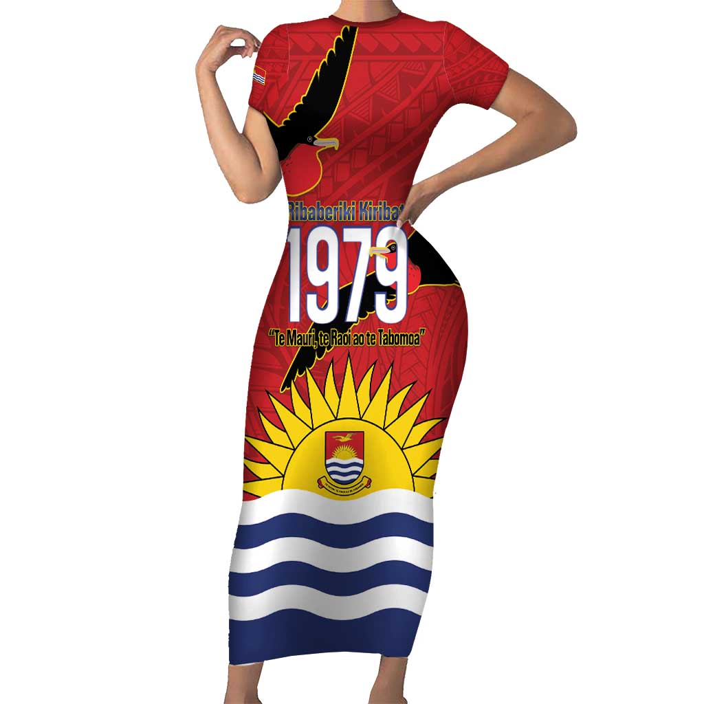 Mauri Kiribati Independence Day Short Sleeve Bodycon Dress 1979 Proud National Frigatebird LT14 Long Dress Red - Polynesian Pride