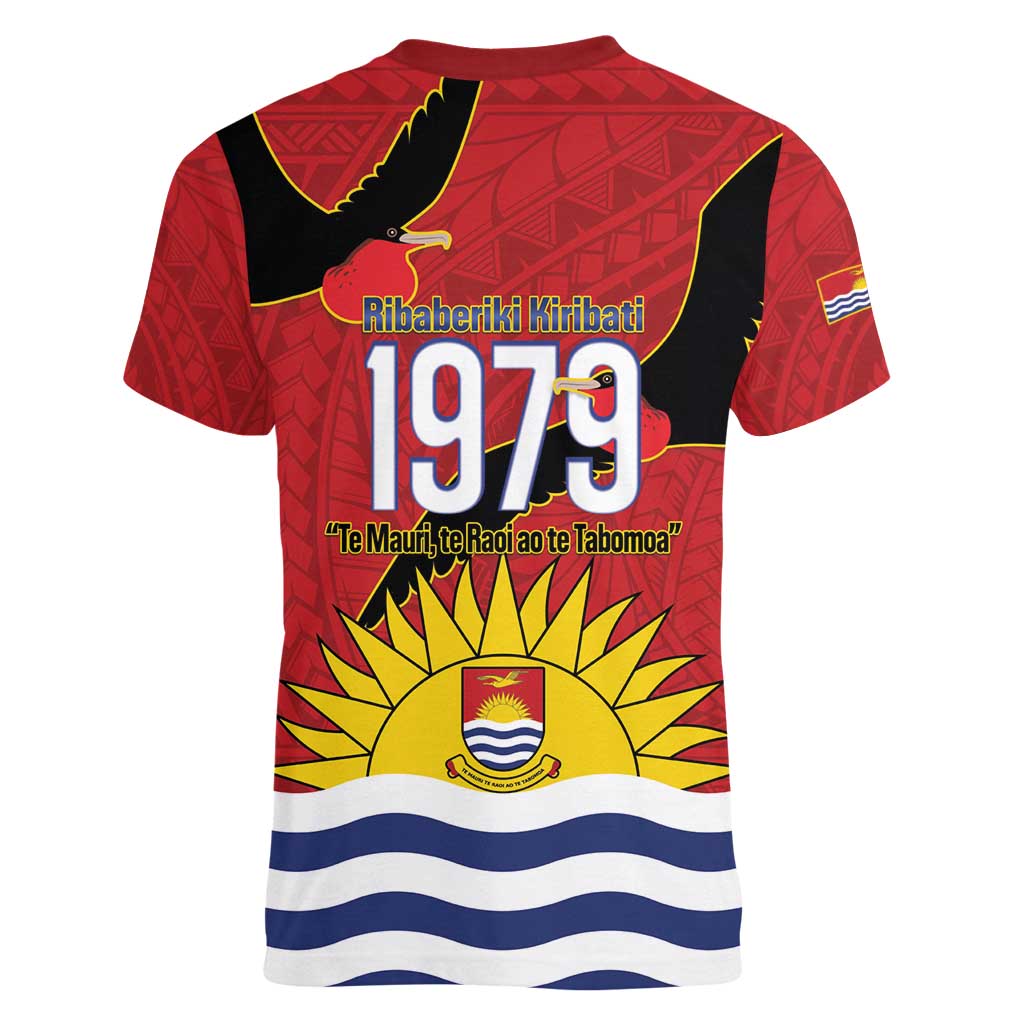 Mauri Kiribati Independence Day Women V-Neck T-Shirt 1979 Proud National Frigatebird LT14 - Polynesian Pride
