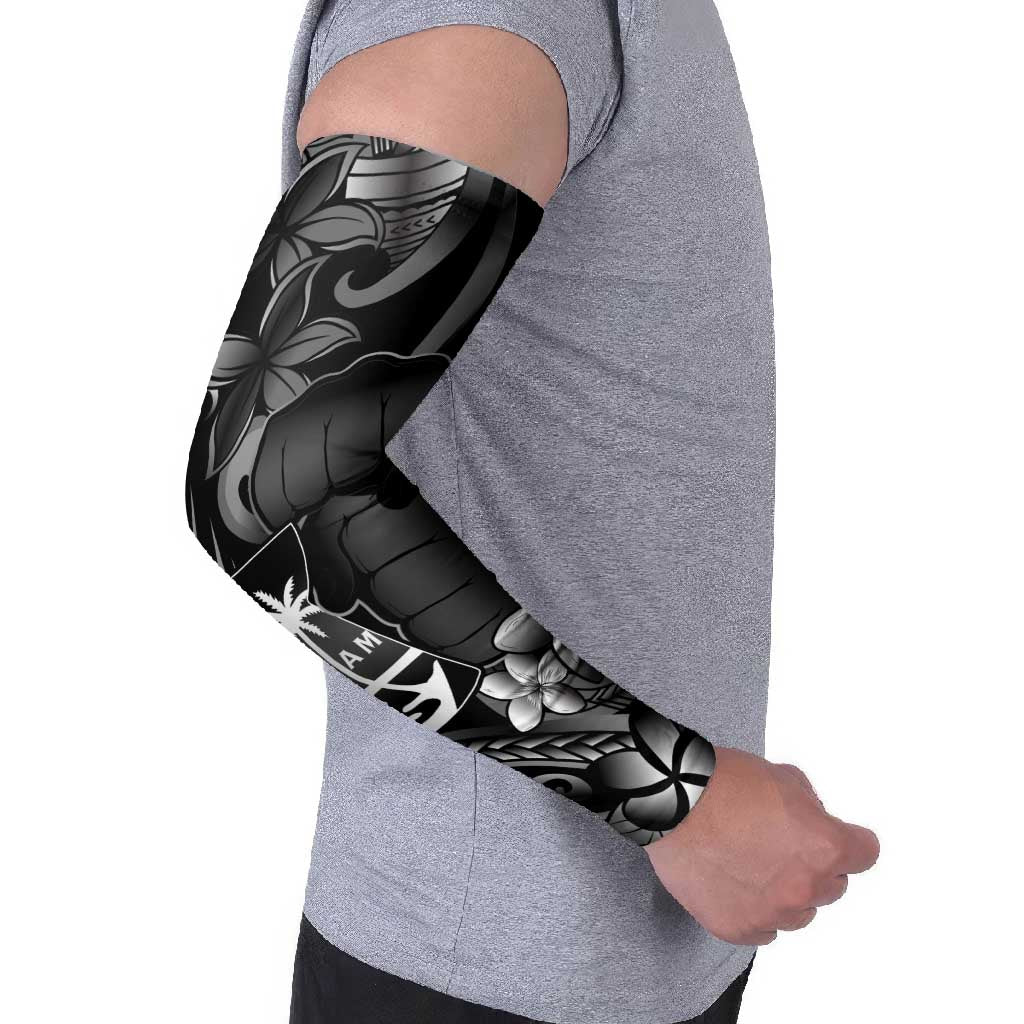 Black Hafa Adai Guam Arm Sleeves Chamorro Latte Stone Hand With Plumeria - Polynesian Pride