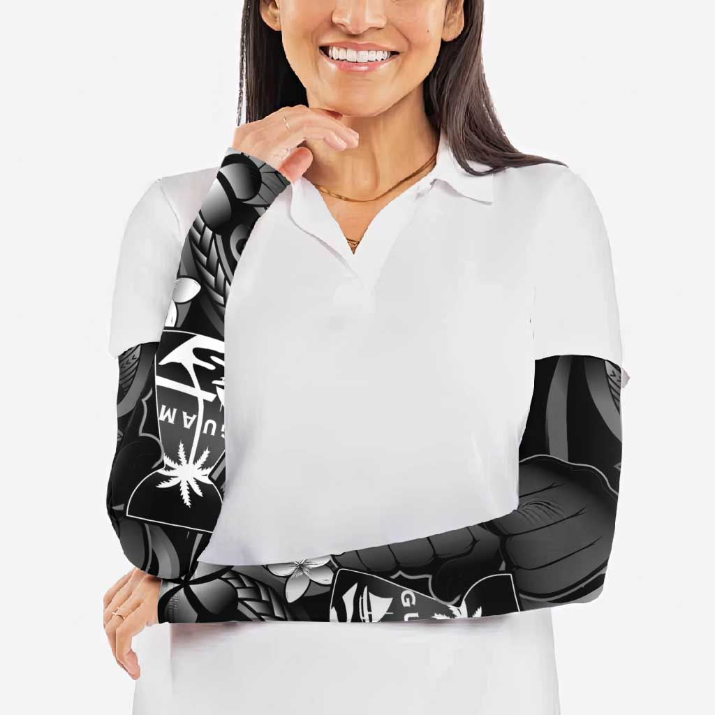 Black Hafa Adai Guam Arm Sleeves Chamorro Latte Stone Hand With Plumeria - Polynesian Pride